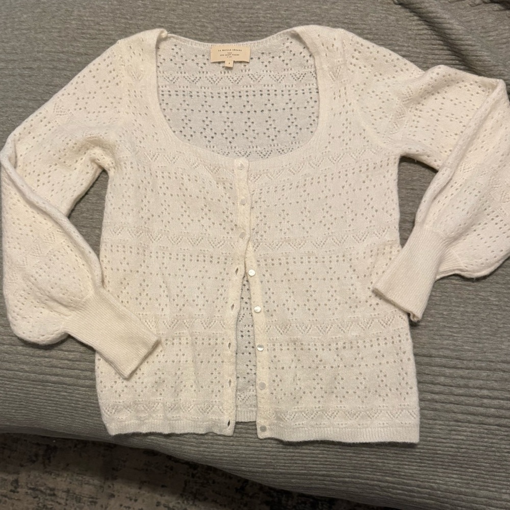 Sezane Cream Open-Knit Mohair-Blend Cardigan with Balloon Sleeves - Picture 4 of 5